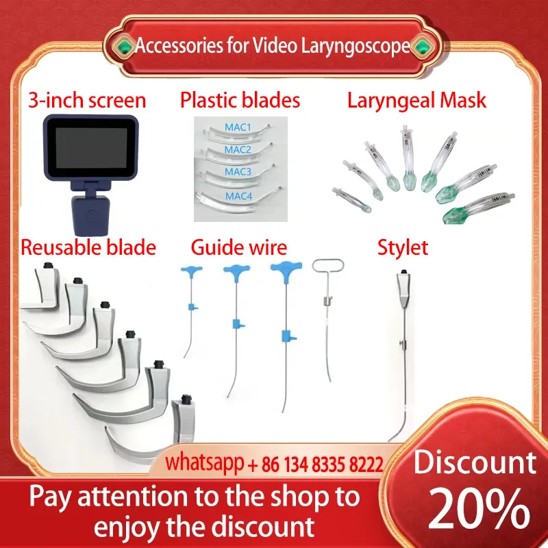 Accessories for Video Laryngoscope Stainless Steel Blades, Laryngeal Mask Airway, guide wire, and Screen