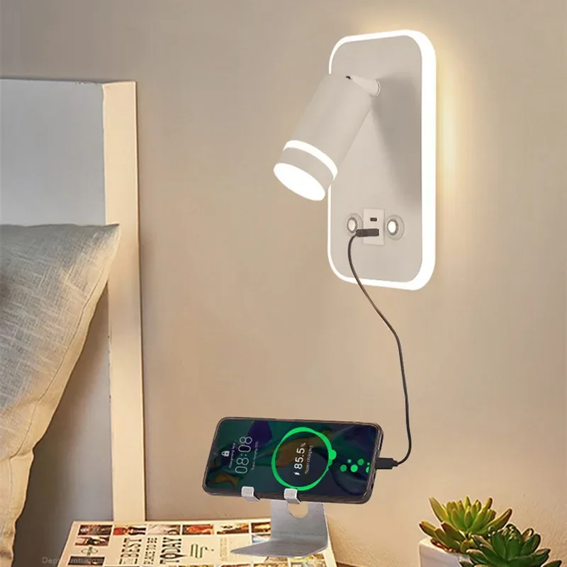 Creatieve Usb Oplaad Wandlamp Drie Kleuren Dimmen Led Spotlight Foyer Lezen Bed Decoratie Draaibare Schans Wandlamp