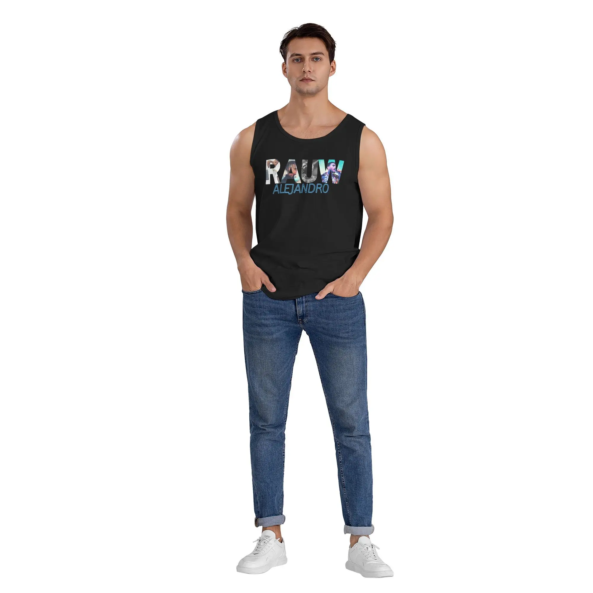سترات Rapper Rauw Alejandro Tank Top للرجال بنمط يومي لكمال الأجسام سترات عصرية كبيرة الحجم بدون أكمام #5