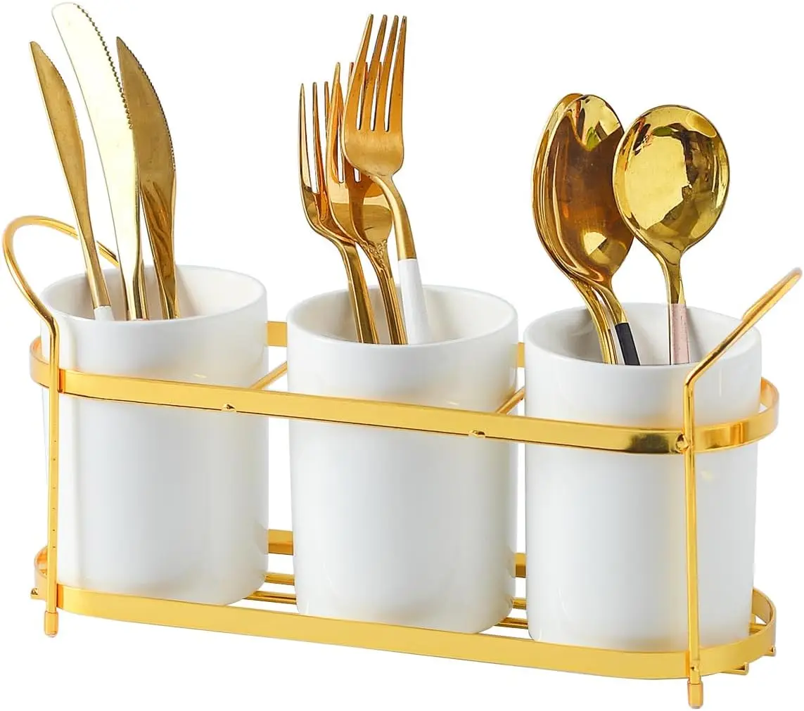 

3-Piece White Ceramic Silverware Holder for Party Countertop, Utensil Holder with Golden Metal Rack