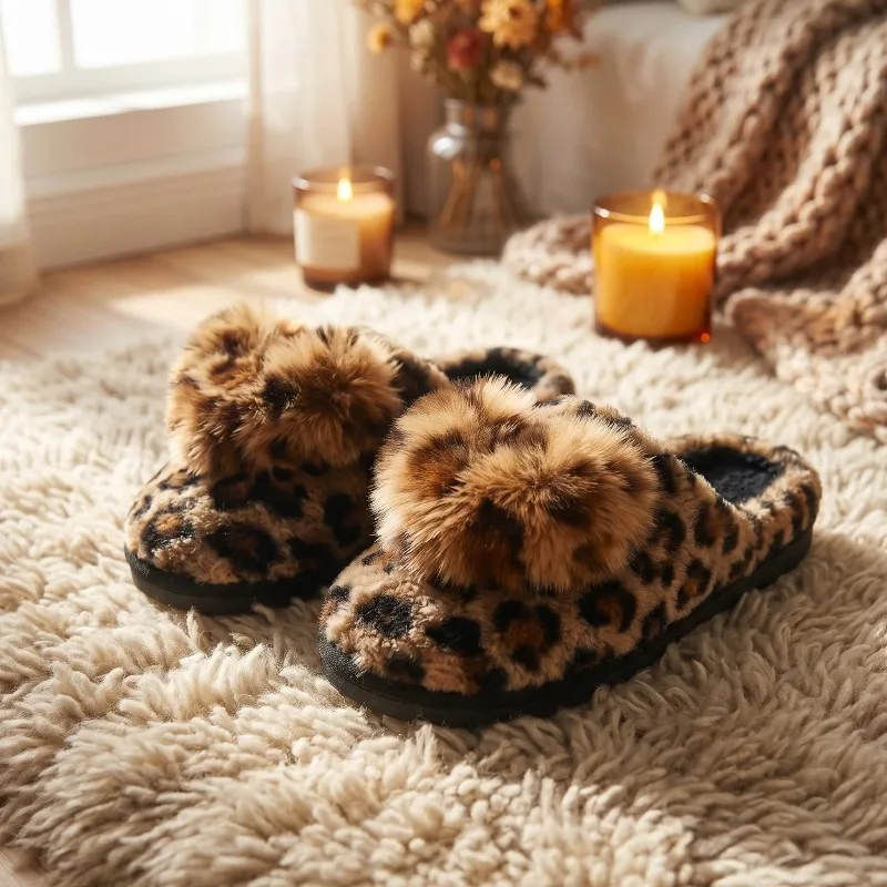 Leopardfarbene, flauschige Hausschuhe für Damen, Winter-Hausschuhe, warm, plüschig, süß, im Liebesstil, große Größen, Mädchen-Hausschuhe aus Baumwolle. – Detail 10