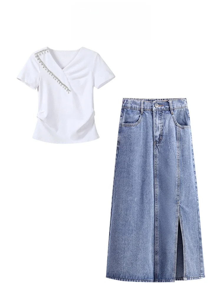 

Fre Sle ort Denim Skirt Set for plus Size Women Ele Quali f-length Skirt Pair with Salt Or Sweet Tops