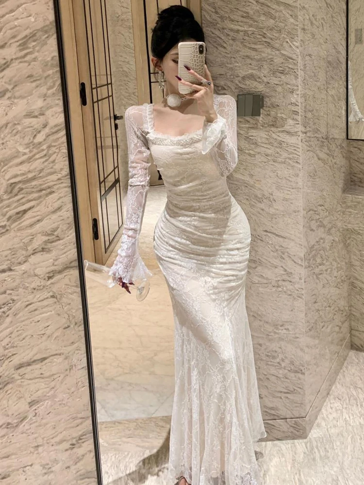 Abito da sera elegante per celebrità da donna Lady Sexy Sheer Lace Diamond Flower Fishtail Robe Femme Backless Party Banquet Vestidos