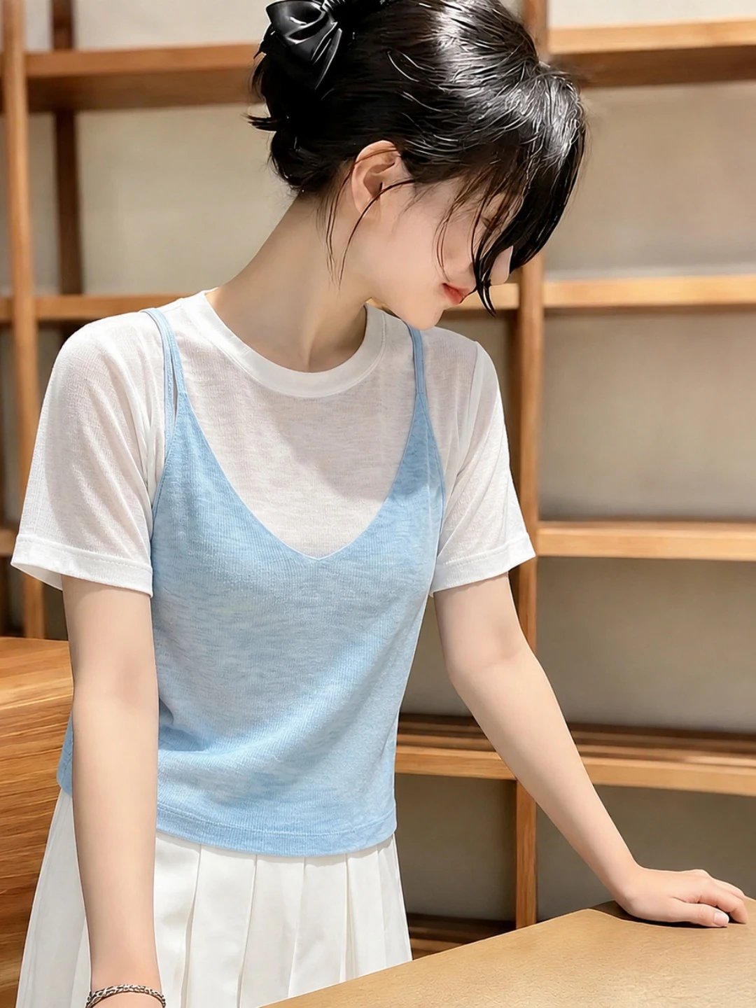 

Versatile Soft round Neck Short Sleeve T-Shirt Fake Two-Piece Color Block Slimming Korean Style Women's Fashionable Top