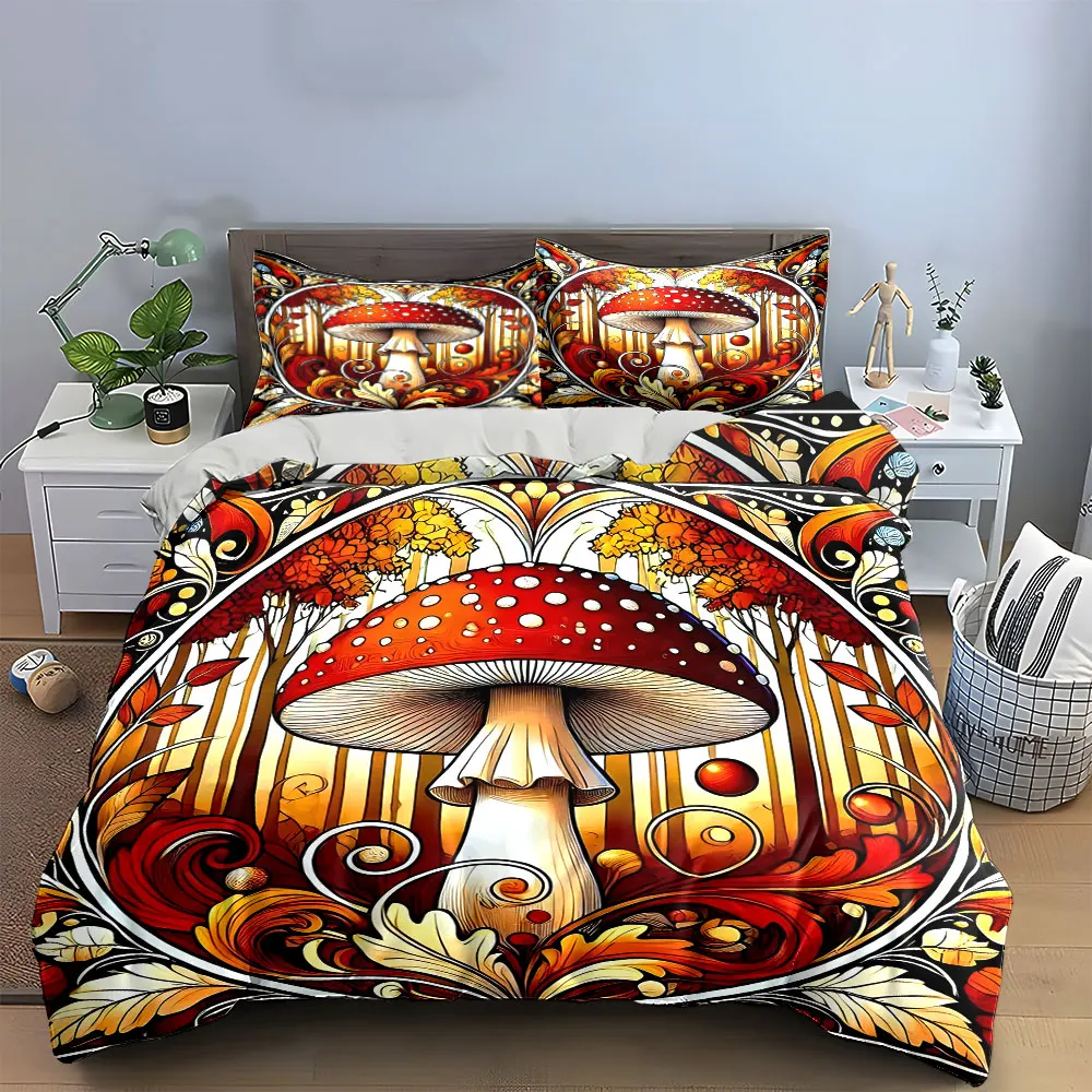 

Vintage Fly Agaric Mushroom Bedding Set,Art Nouveau Autumn Forest Print Duvet Cover + 2 Pillowcases,Whimsical Retro Pattern