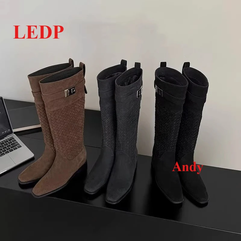 

Original Designer Brand Sheepskin Vintage Woven Square Head Thick Heeled High Boots New Fashion Sleeve Boots for Women