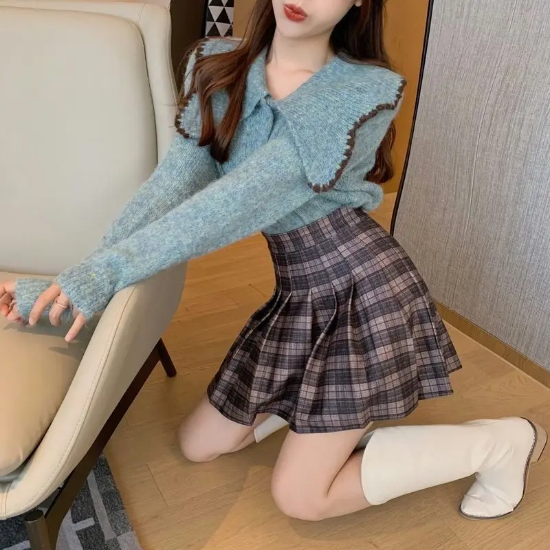 

Cardigan Women Retro Sweater New Fall Lazy Vintage Style Knitted Peter Pan Collar Knit Outerwear Cropped 2021 Slim Ulzzang Cute
