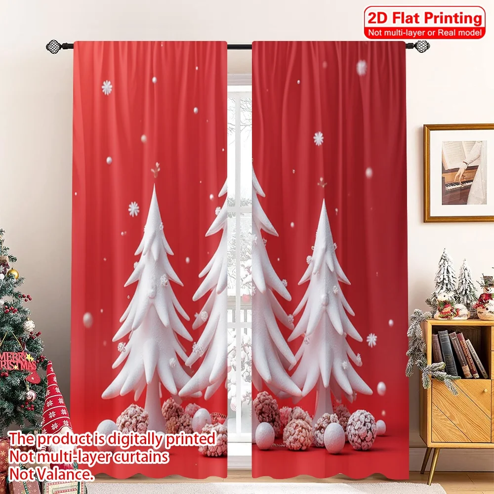

2pcs 2D flat printing Merry Christmas Window Drapes Winter Snowscape Trees Holiday Polyester Without Electricity Birthday Party