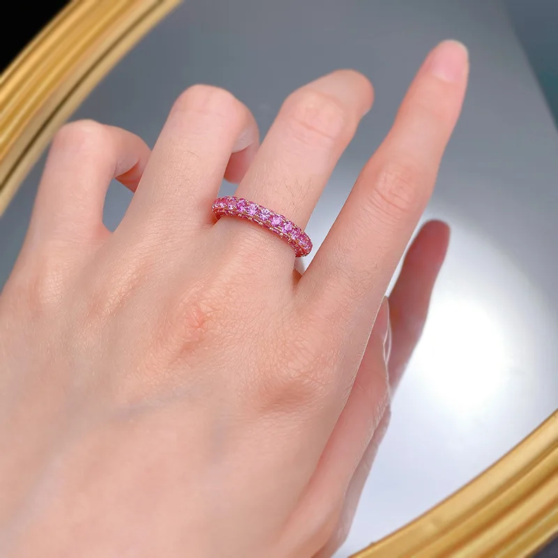 Hip Hop 3 Row Zircon Ring Rose Gold Plated 925 Sterling Silver pink Cubic Zirconia Eternity Band Ring Fine Jewelry