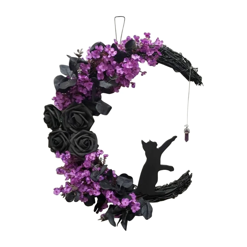 

Halloween Wreath for Front Door Moon Cat Rose Flower Garland Hanging Ornament Farmhouse Home Indoor Outdoor Decorations