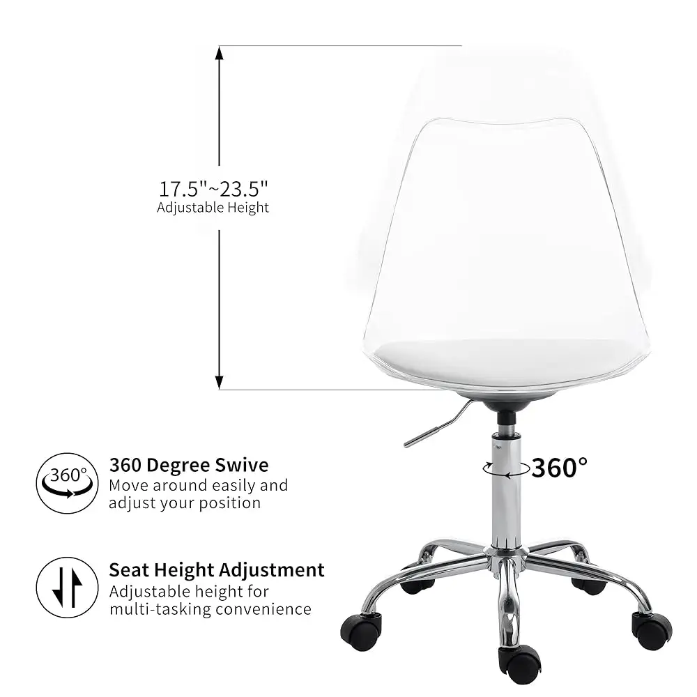 Clear Desk Chair With Cushion, Arml Acrylic Rolling Chair Height Adjustable Ghost Swivel Molded Plastic And Wheels, Clear