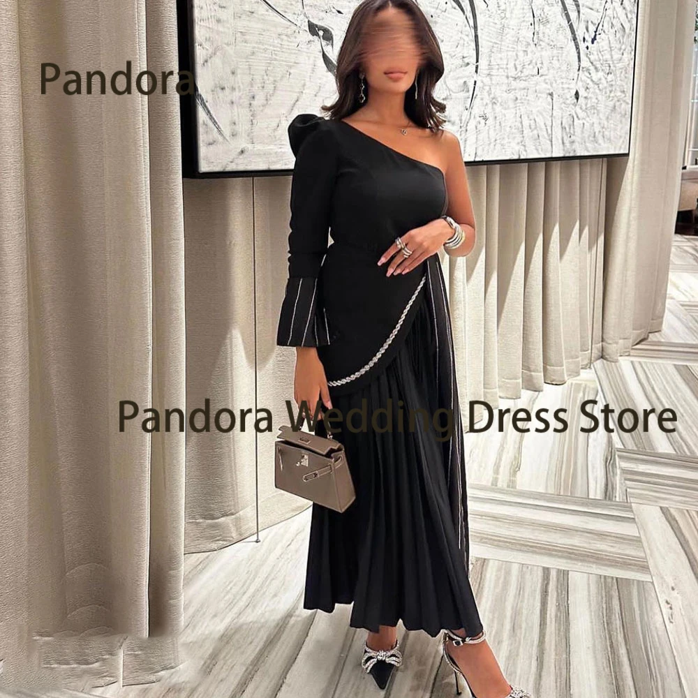 

Pandora Elegant black one-shoulder women's formal evening dress A-line ankle-length long sleeve crystal wedding ball party gown