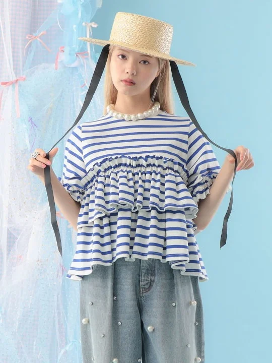 Cute Style Loose Fit T-Shirt with Ruffle Hem Short Sleeve Waist Cinched Striped Design Moisture Wicking Ladies Summer Top