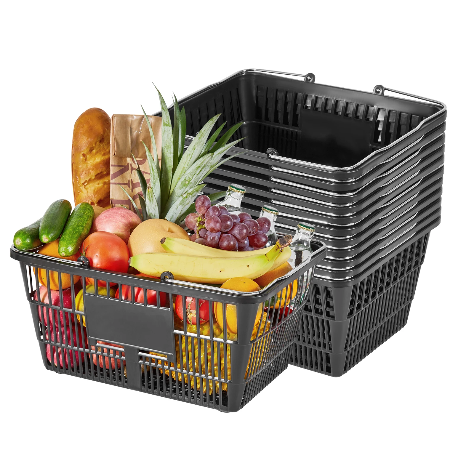 SucceBuy 12PCS 21L Stackable Shopping Baskets Stackable PE Plastic Portable Grocery Baskets with Handles for Stores Supermarket