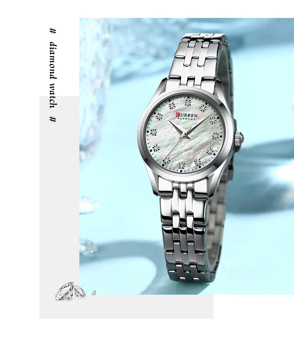 CURREN Damenuhr mit zweifarbigem Edelstahlarmband, 28-mm-Zifferblatt mit Strassmarkierungen, schimmerndes Muschelzifferblatt, elegante Idee – Detail 9