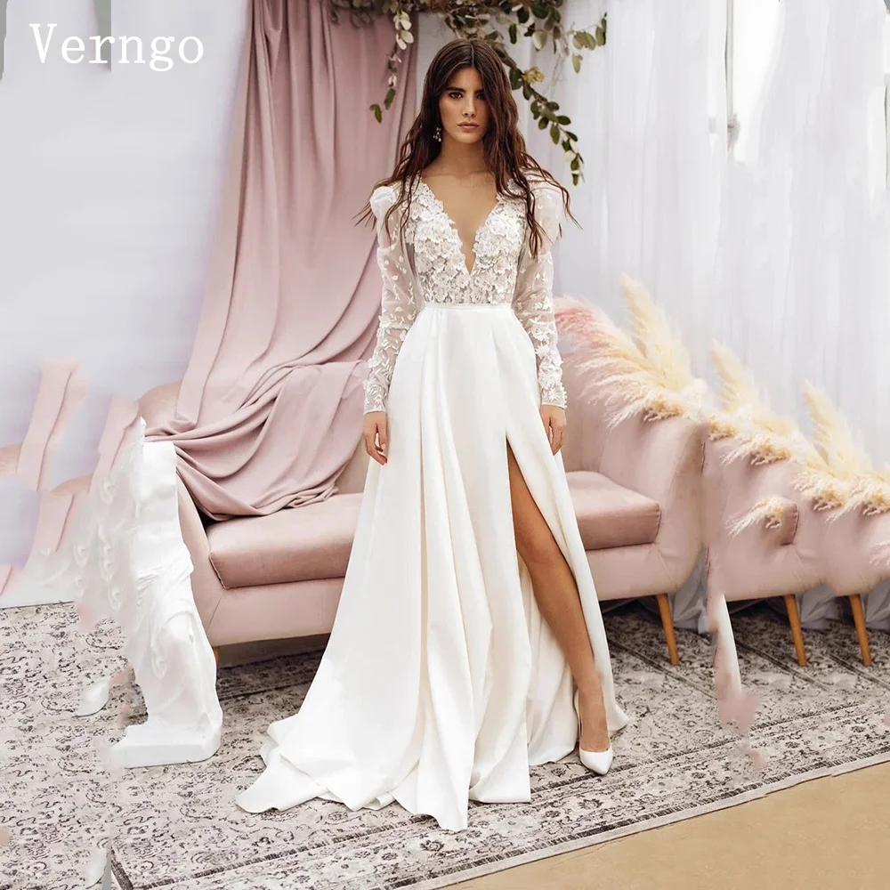 Verngo lvory زينة فستان الزفاف العميق الخامس الرقبة ألف خط شق زي العرائس أنيقة سويب تراين المرأة فستان عروس مخصص