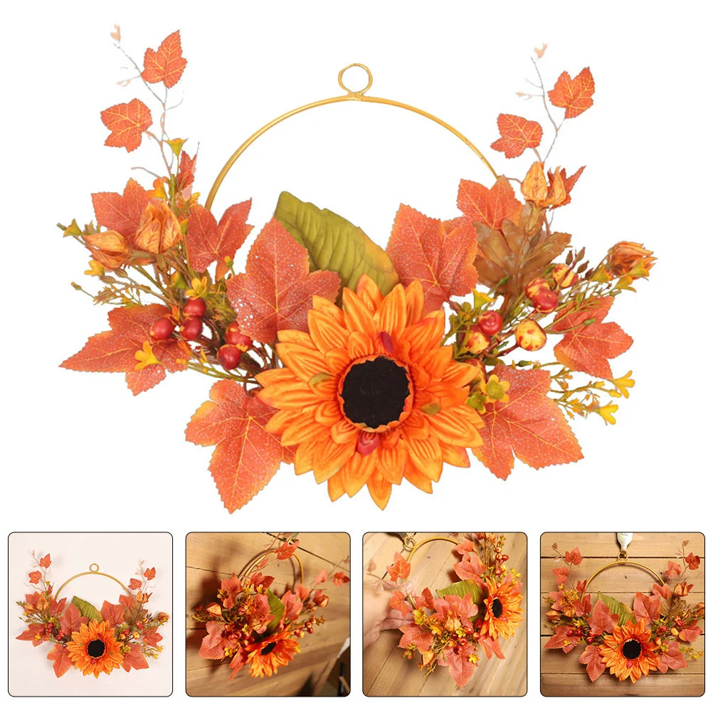 

1Pcs Autumn Sunflower Wreath Thanksgiving Artificial Garland Orange Round Silk Door Wall Home Room Party Decoration