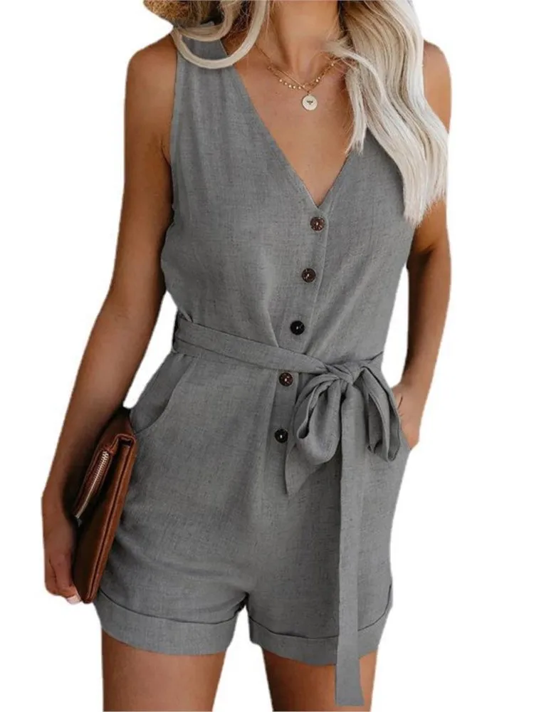 Simple Style Solid Color Sleeveless Short Jumpsuits Women Casual V-neck Bowknot Leace-up Shorts Jumpsuit Female 2024 Summer New