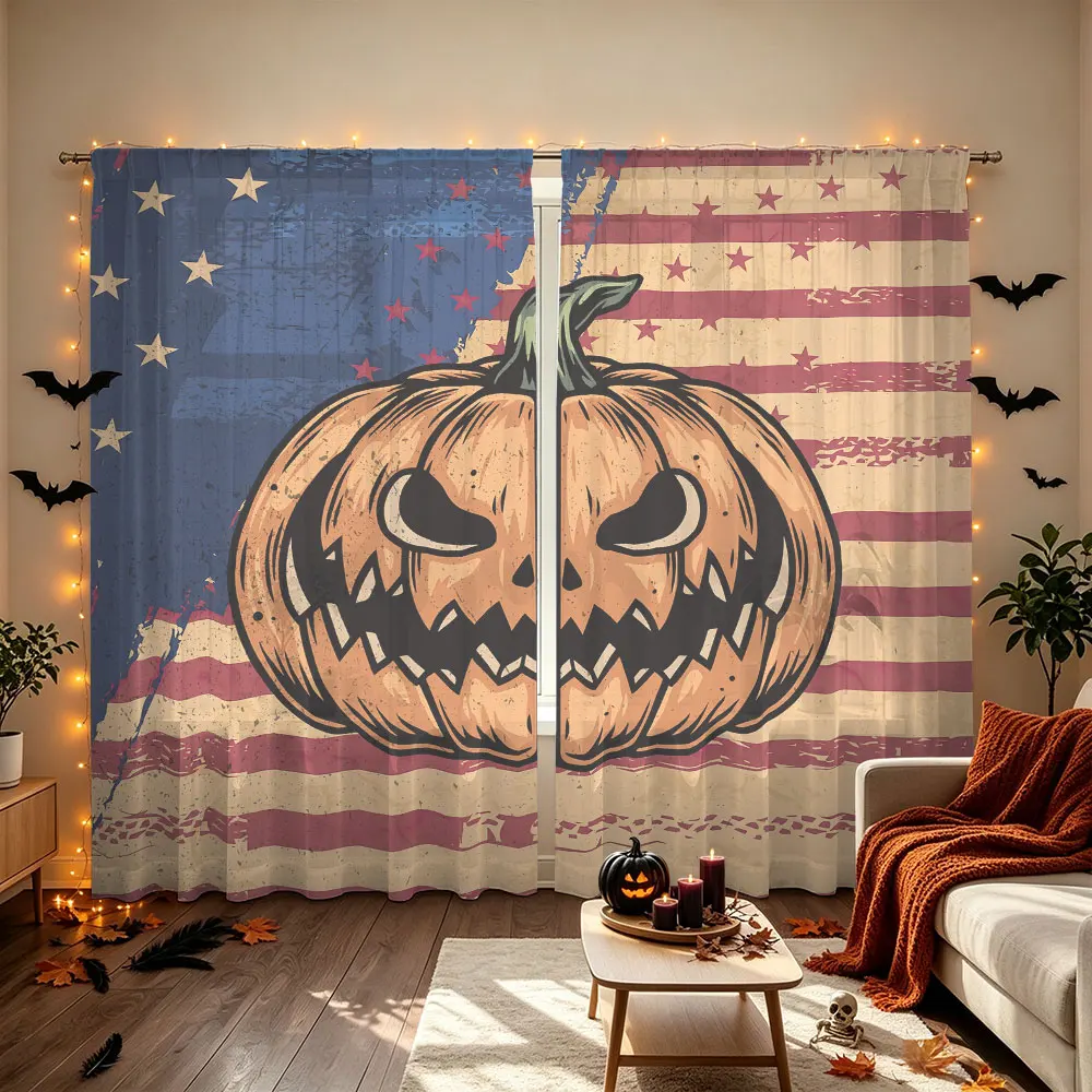 90G Rod Pocket Curtains 2 Panels Pumpkin Head American Flag Print Drapes Halloween Thanksgiving Curtains for Bedroom Living R