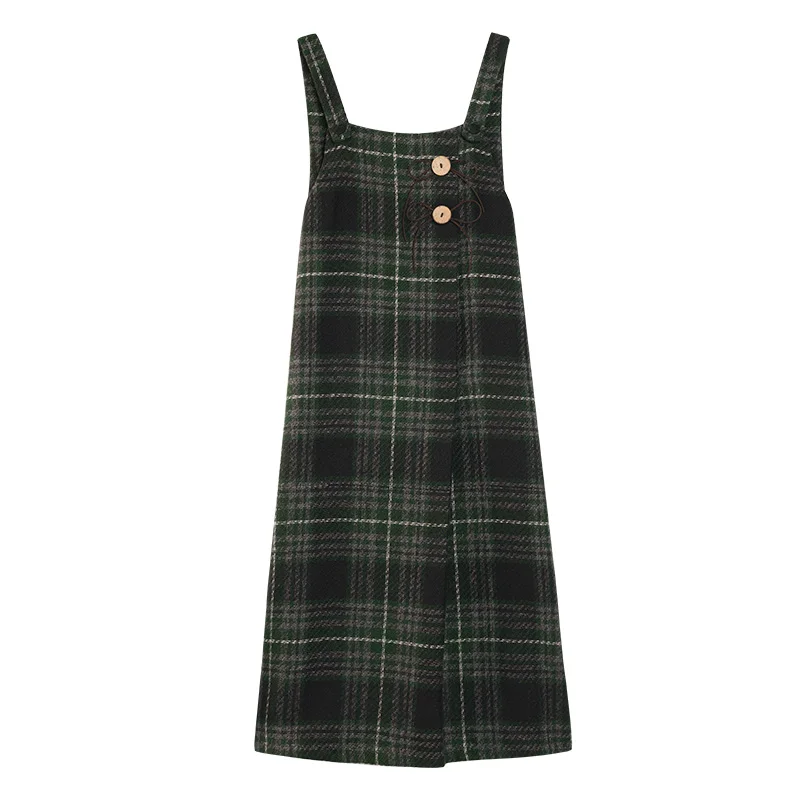 

ALXNAN Green Plaid Sleeveless Dress Women Vintage Long Square Collar Straight Midi Dresses Winter Warm Female Clothing L52596