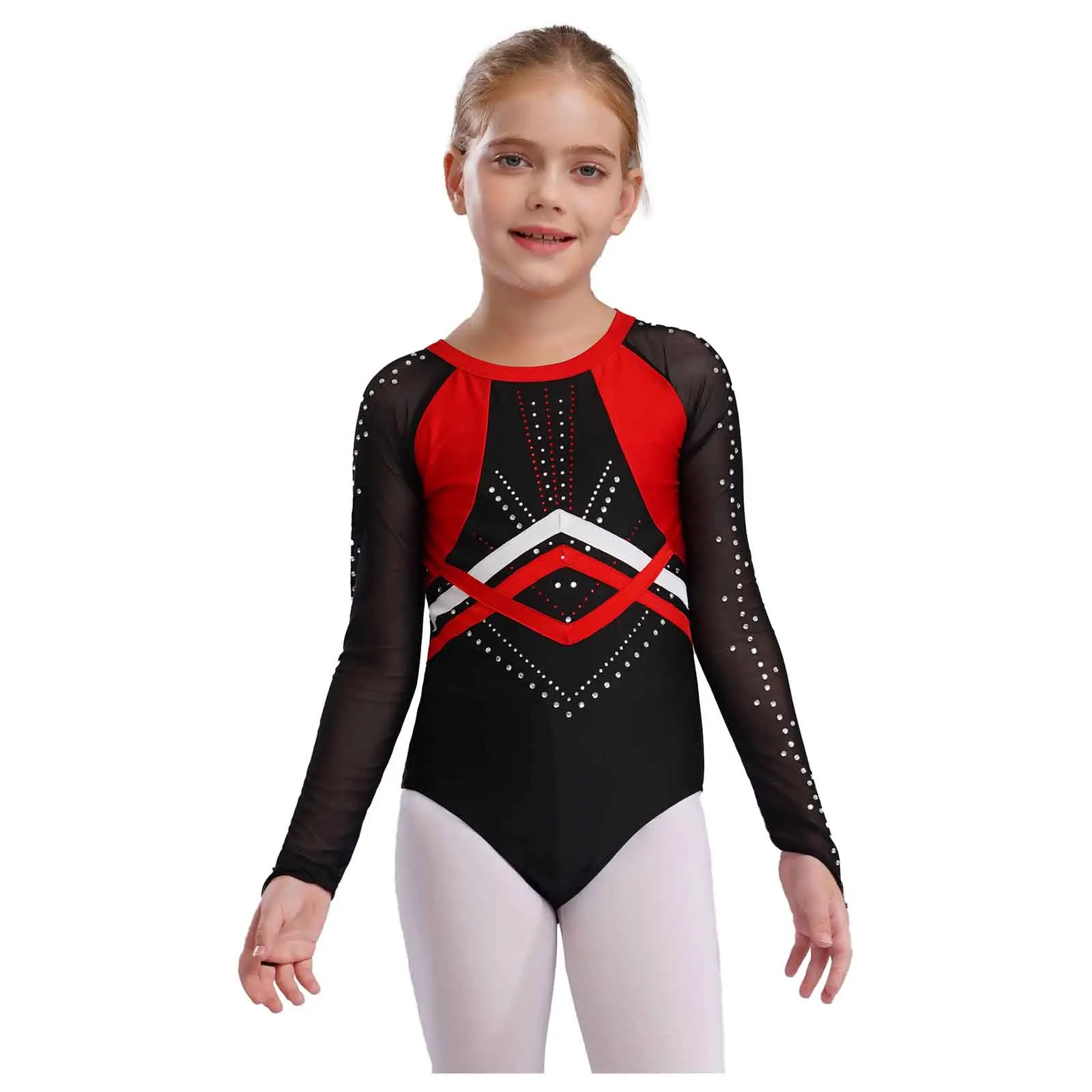 

Kids Girls Shiny Rhinestones Gymnastics Acrobatics Performance Leotard Sheer Mesh Long Sleeve Bodysuit for Figure Skating Outfit
