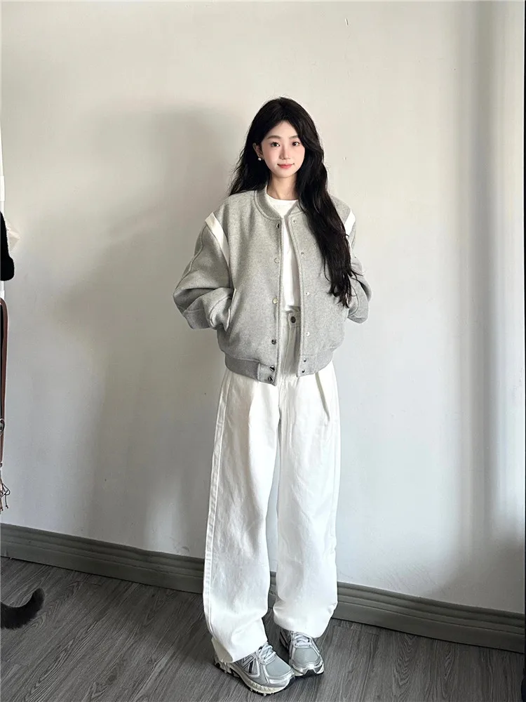 

High Waist Straight Leg Jeans Women's Loose Folded Hem Extended Length Casual Trousers Spring Autumn White Color