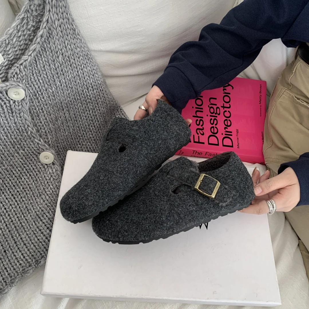 حذاء بدون كعب للنساء بإبزيم حذاء بمقدمة مستديرة مصمم مريح حذاء مسطح مسطح شتوي دافئ حذاء ماري جين zapatos mujer