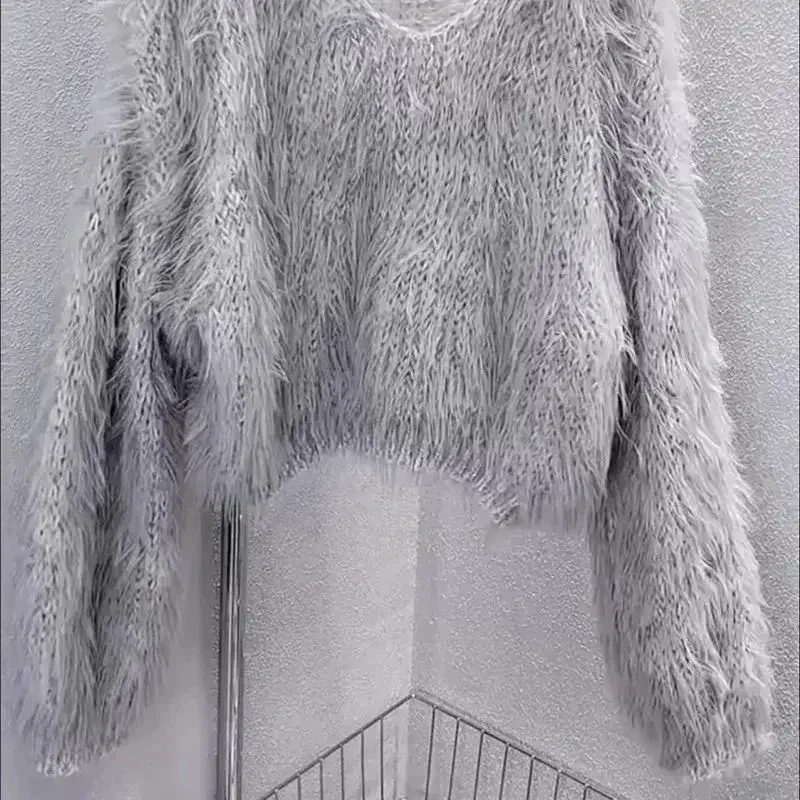 Autumn New Short Mink Sweater Women Versatile Loose V-neck Mohair Knit Pullover Soft Wool Casual Womens Clothing