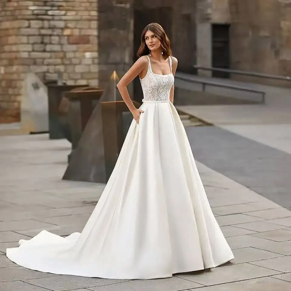 

Customized A Line Wedding Dress 2026 Sleeveless Lace Elegant Open Back Buttons Satin Bridal Gown Pockets Wedding Brides Dress
