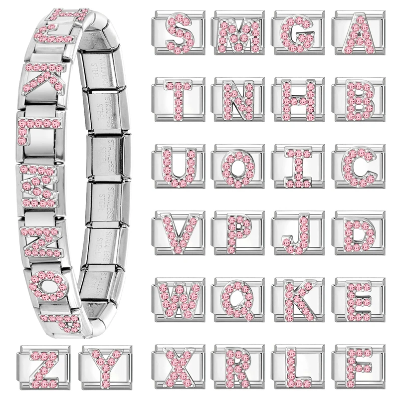 Fashion Pink Zircon A-Z 26 Letters Charm Italian Links Fit 9mm Stainless Steel Bracelet Shiny Jewelry DIY Making Birthday Gifts