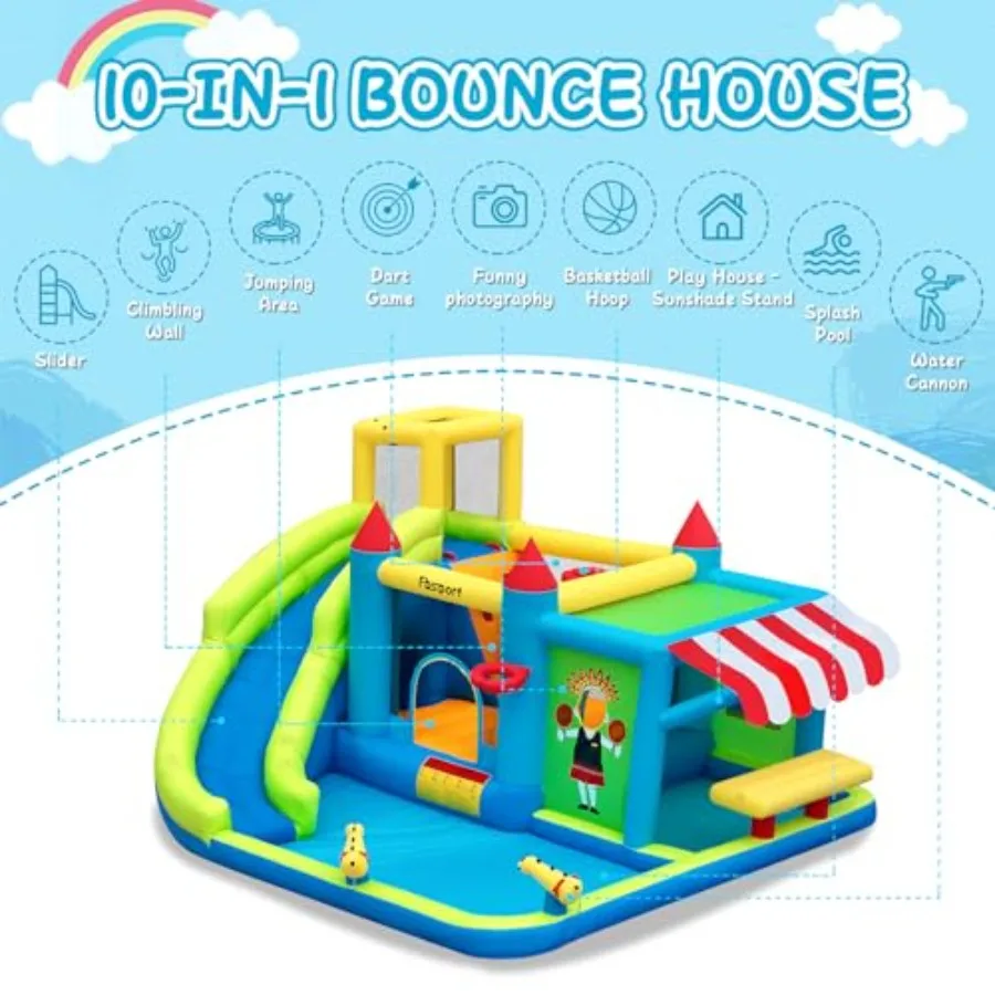 Inflatable Bounce House Water Slide, Bounce House for with Toy Market Stand Splash Pool Bouncer Climbing Wall Water Gun Ball Da