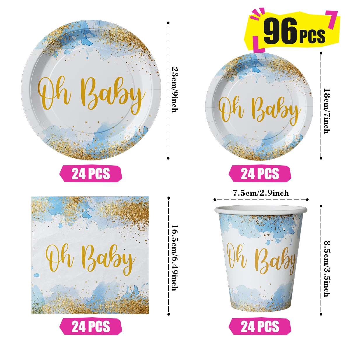 Blue Gold Watercolor Party Tableware Set 96Pcs Disposable Paper Plates Cups Napkins for Baby Shower Gender Reveal Decoration - view 2