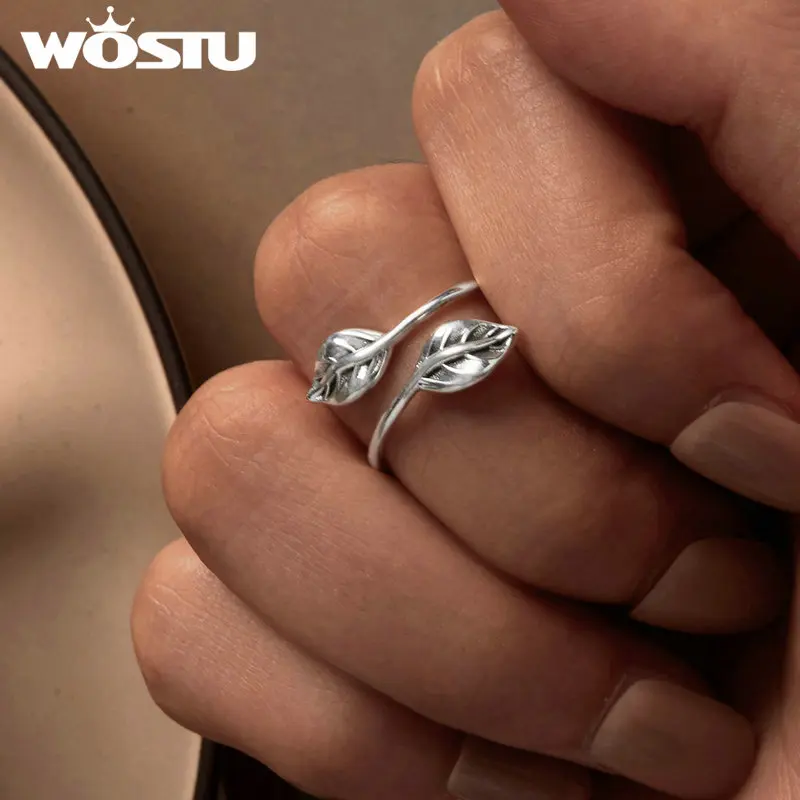 WOSTU Real 925 Sterling Silver Vintage Leaf Open Ring For Women Classical Stackable Adjustable rings Party Jewelry Gift Handmade