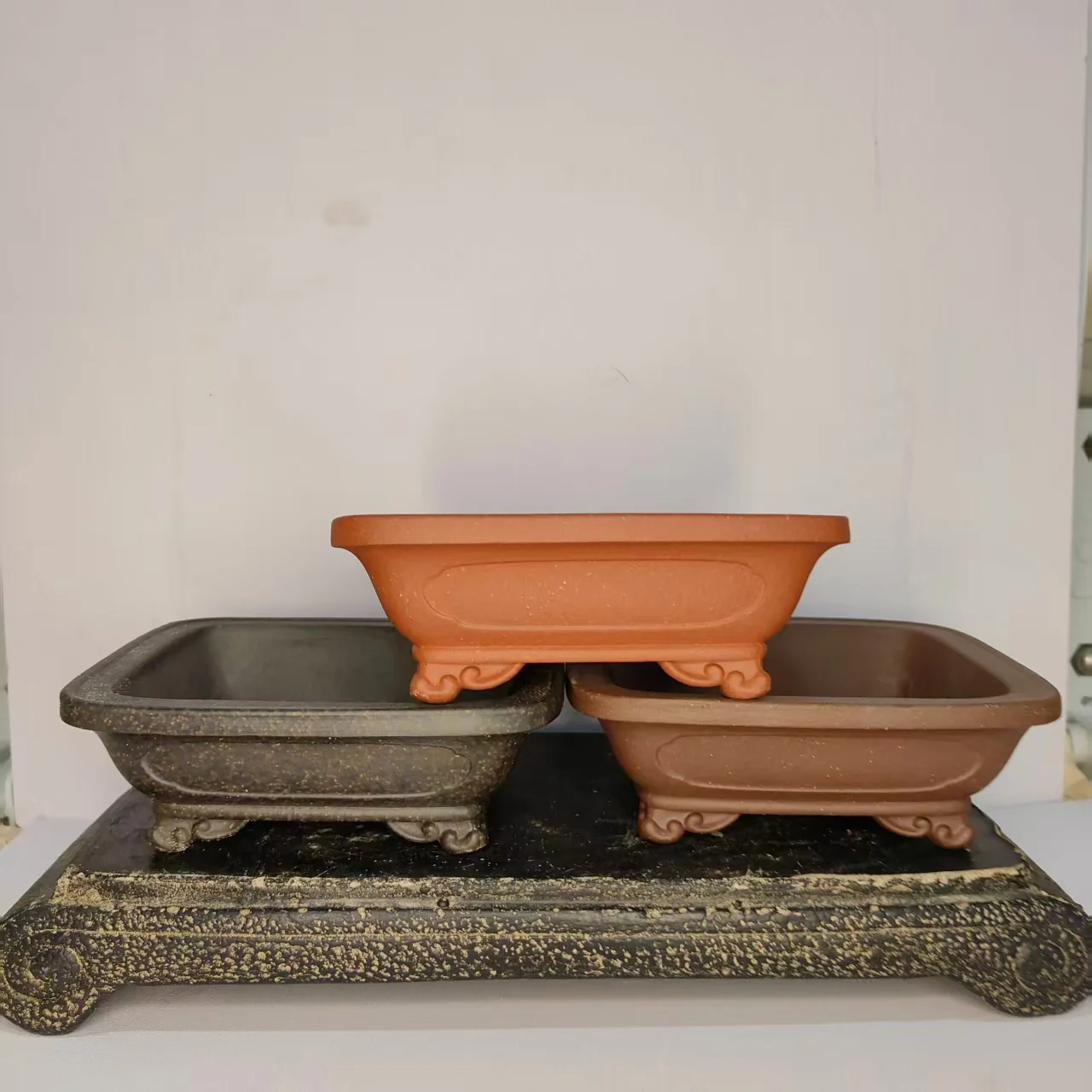 

High Quality Unglzed Rectangle Bonsai Pot With Cloud Feet