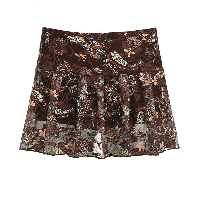 Short Skirt Mesh Print Brown Lace Y2K Vintage Aesthetic Cashew Women Chic Low Waist Skirts Slim Was Thin Mini Skirt