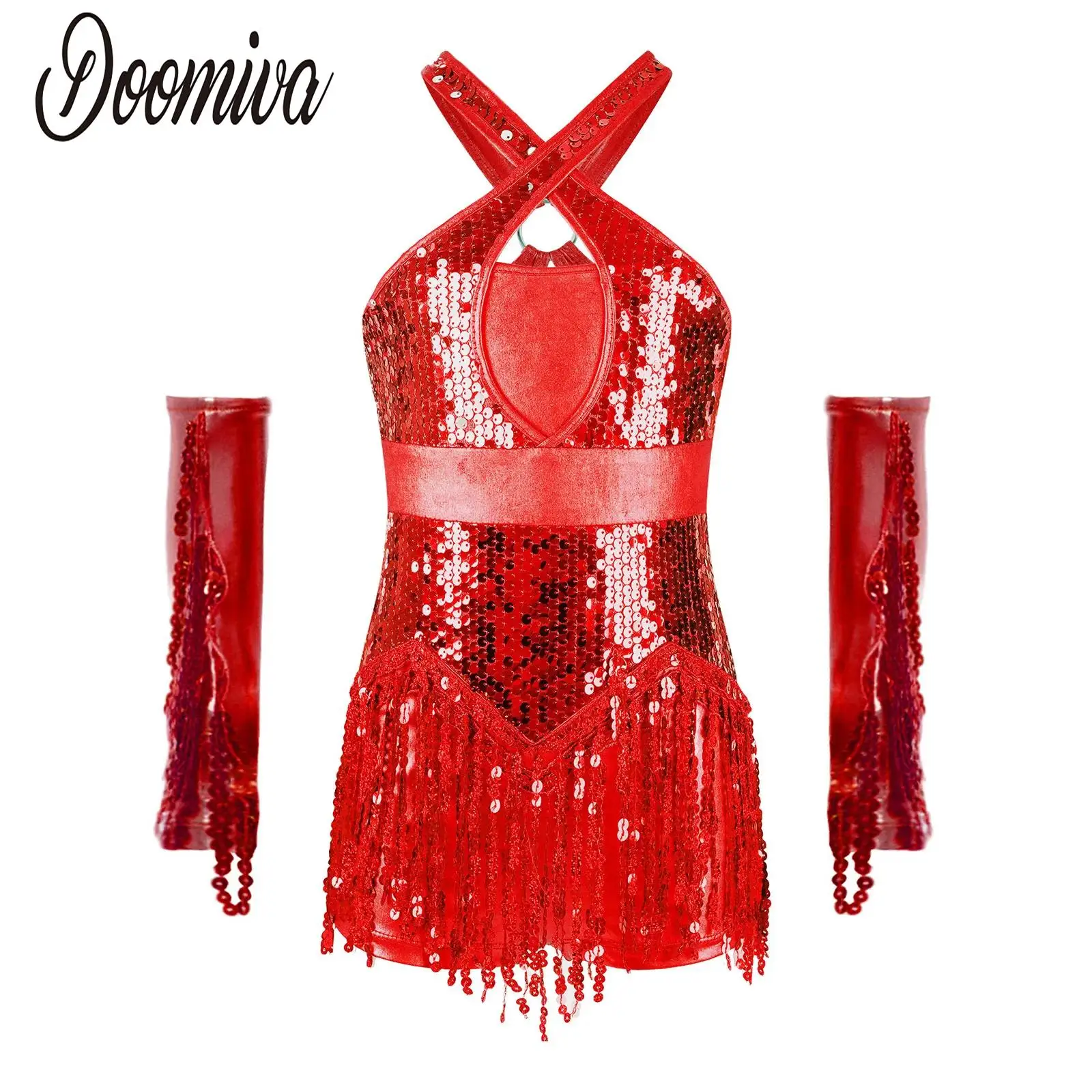 Kinderen Meisjes Latin Salsa Dansvoorstelling Kostuum Cha-Cha Jazz Outfit Sparkly Pailletten Kwastje Turnpakje met Lovertjes Kwastjes Handschoenen