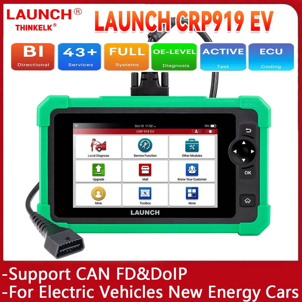

LAUNCH CRP919 Диагностический сканер EV с 43+ сервисными функциями для электромобилей Новая энергия Поддержка автомобилей CAN FD DoIP Кодирование ЭБУ