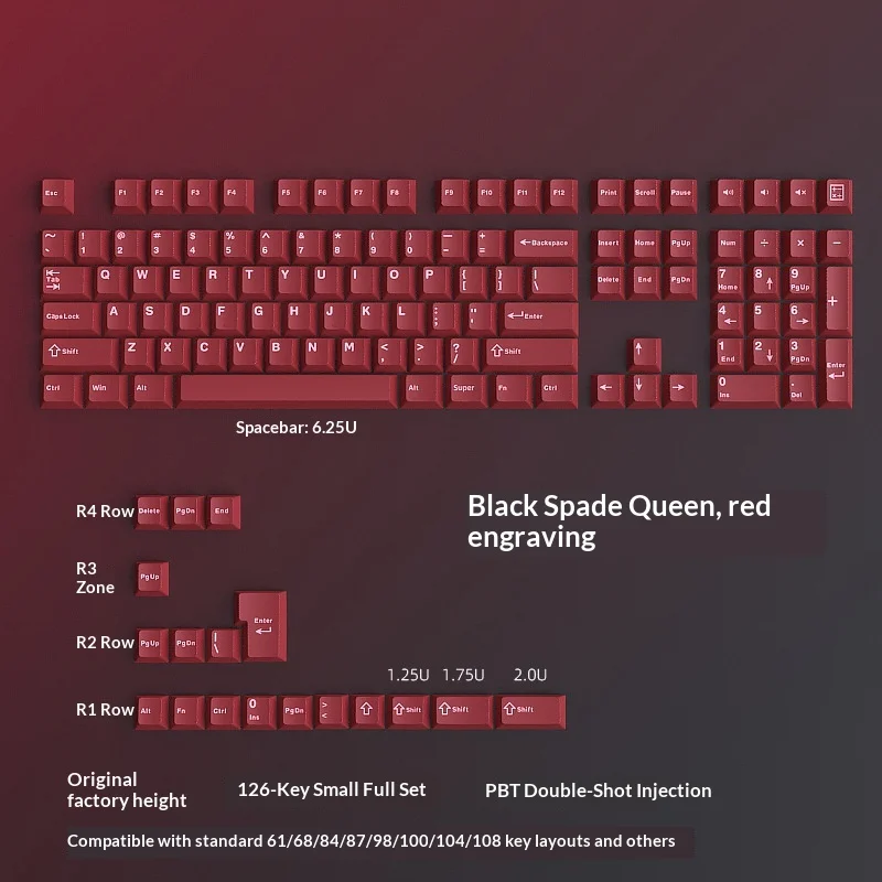 Red keycaps made of PBT material with regular engraving, complete set of 126 keys, original factory height dual color