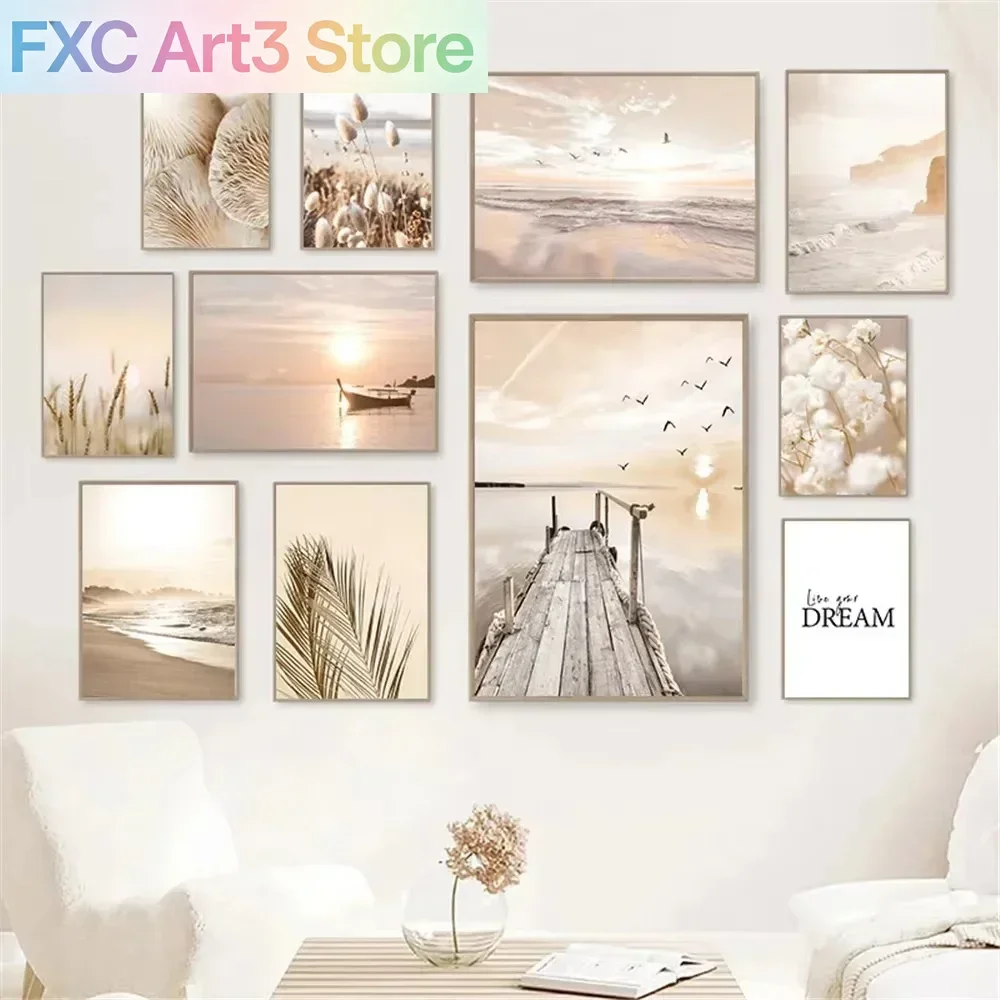 Frameless,Sunset Sea Lake Boat Bridge Canvas Painting Seagull Beach Poster Beige Leaf Reed Wall Art Print Nordic Wall Pictures H
