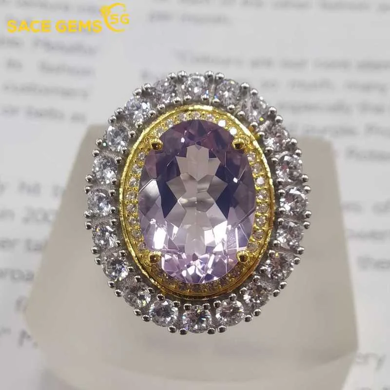 

SACE GEMS Luxury Jewelry 925 Sterling Silver 10*14MM Lavender Kunzite Rings for Women Wedding Engagement Fine Jewelry Gift