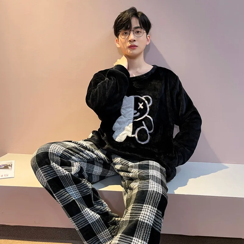 الرجال حجم كبير منامة المرجان المخملية الجولة الرقبة البلوز كم طويل بنطلون سهلة غسل في سن المراهقة منامة منقوشة بنطلون قطعتين قبالة