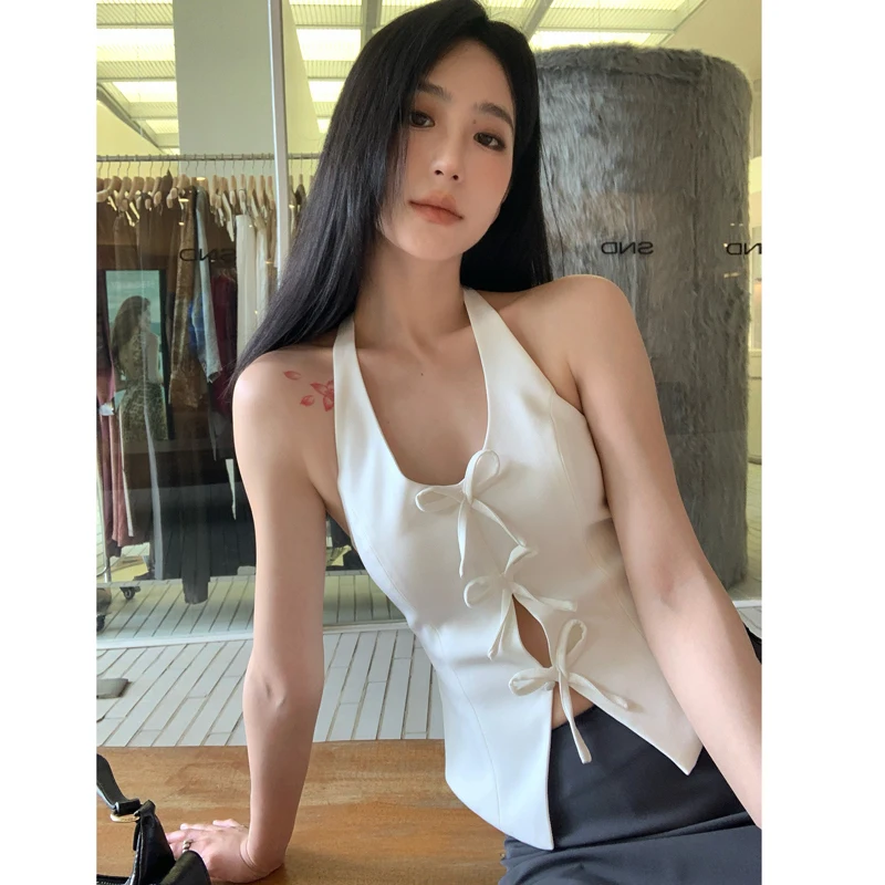 

SMBL RAIN Summer Slim Fit White Knot Hanging Ne Waist Cinched Svel Top Women's Faion Blend Polyester Spandex