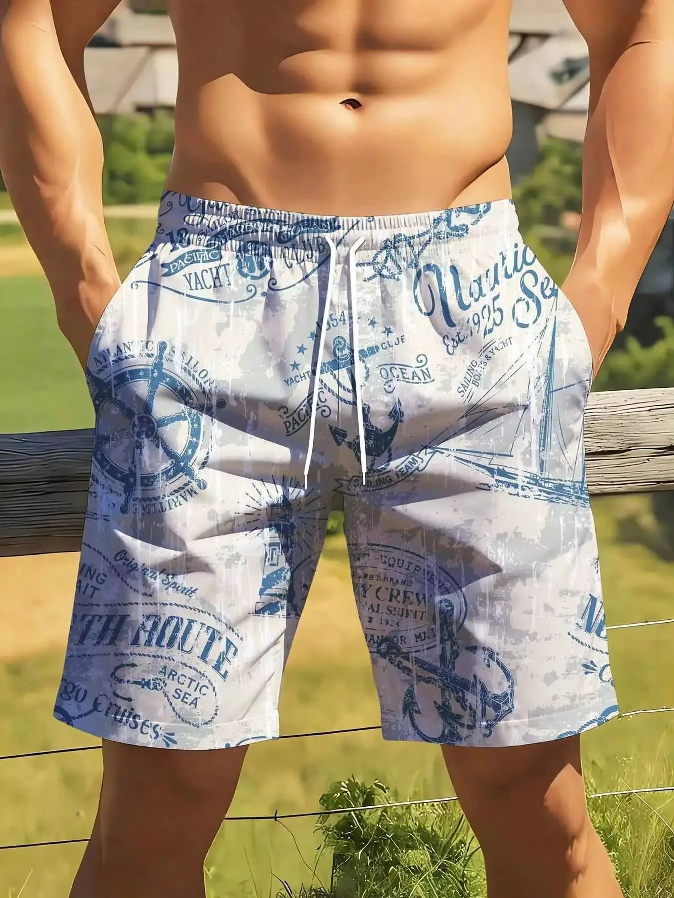 Bañador con estampado náutico para hombre, pantalones cortos de playa con diseño de ancla y velero, pantalones cortos de secado rápido para vacaciones de verano
