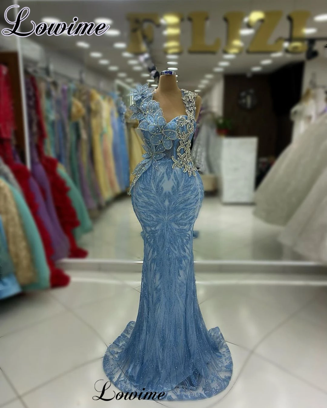 Special Blue Celebrity Dresses Mermaid Sleeveless Crystals Evening Gowns For Women Vestidos De Gala Opening Ceremony Dresses