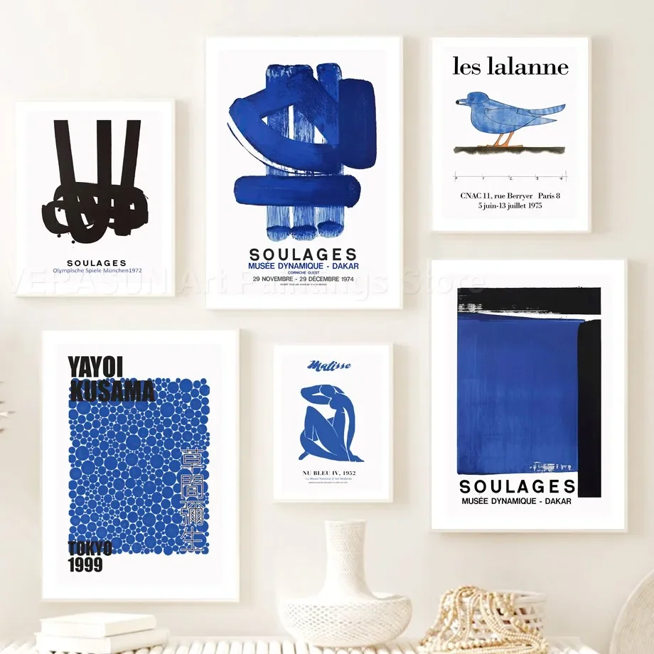 ملصقات ومطبوعات على القماش ، فن جداري أزرق ، روح ولالين ، ماتيس يايوي وكوساما ، شاغال ، صورة لديكور غرفة المعيشة #5