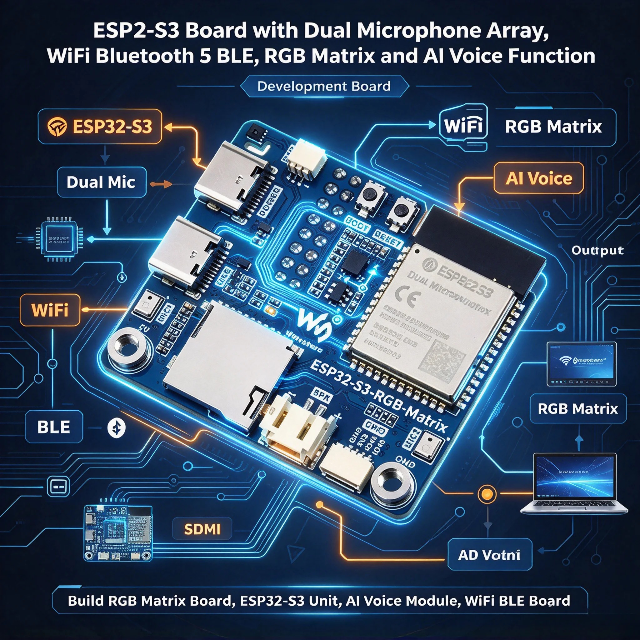 3Pcs ESP32-S3 RGB Matrix Development Board Dual Microphone Array WiFi Bluetooth 5 BLE AI Voice