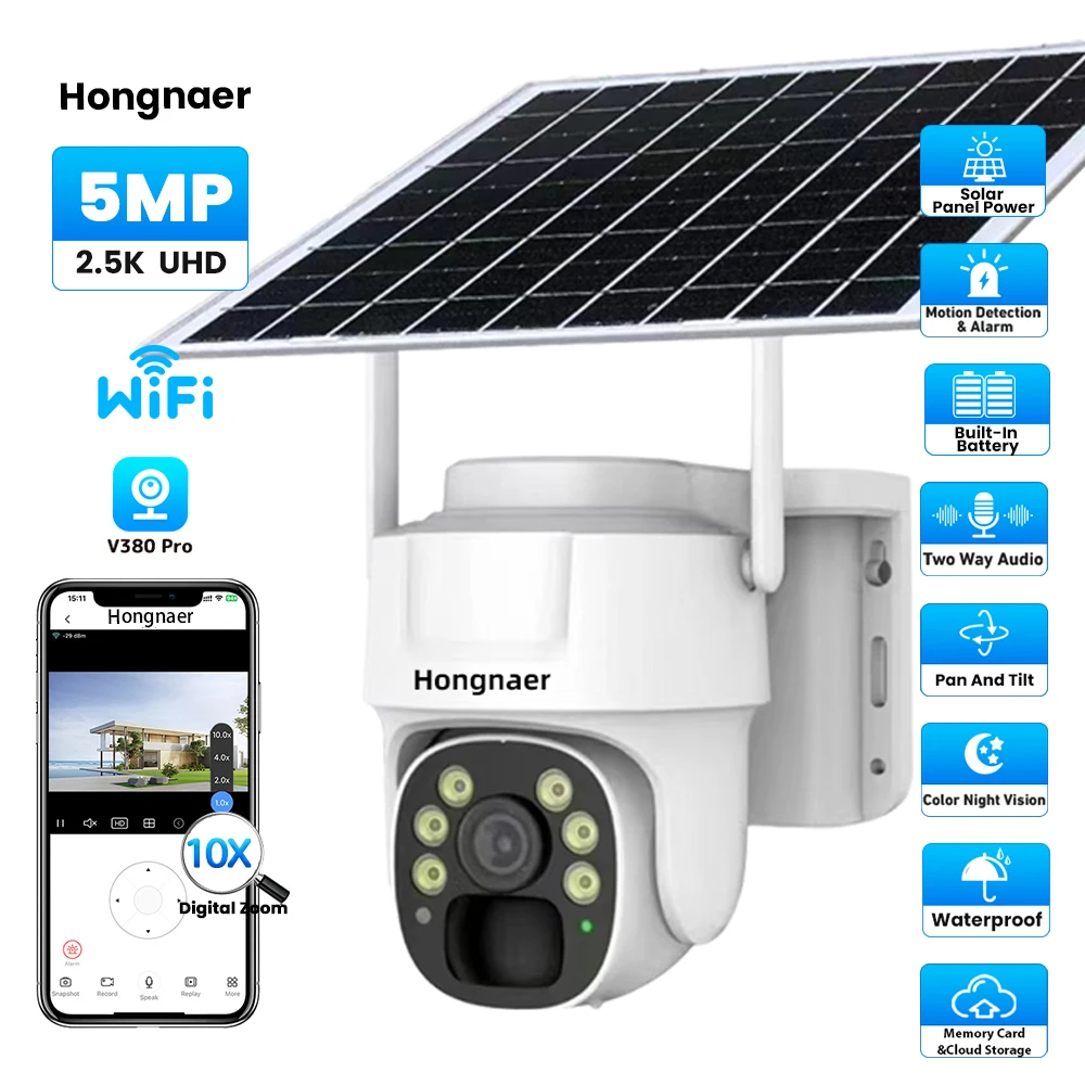 Hongnaer 5MP V380 Pro Monitor Smart Home Wireless WiFi Solar Energy Panel Powered PTZ CCTV Outdoor Security CCTV Solar Camera