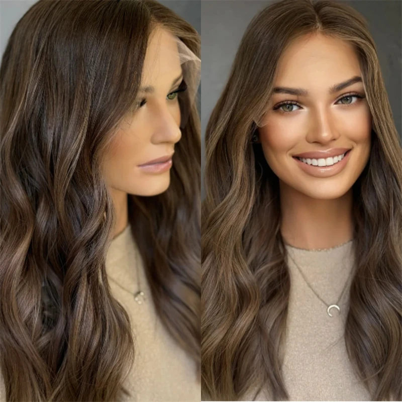 Dark Brunette Brown with Money Pieces Full Lace Wig Synthetic HD Lace Front Wig Long Body Wave Premium Fibre Cosplay Daily Party
