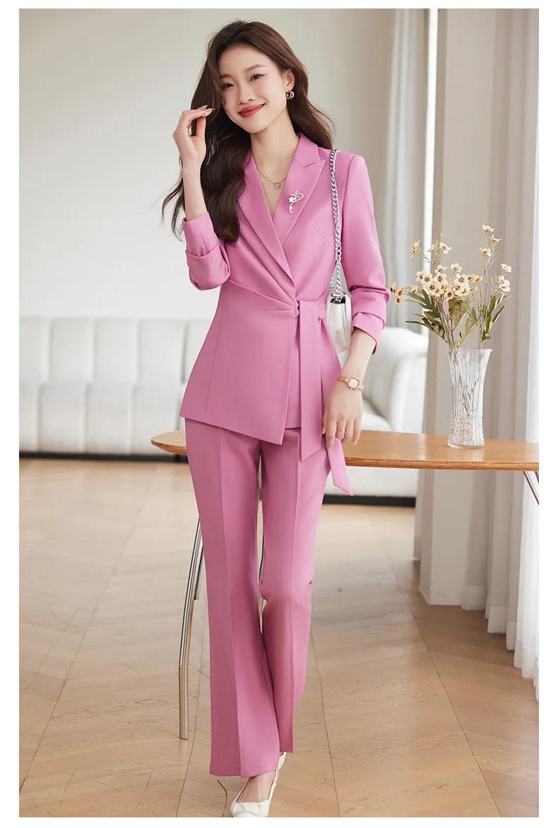 Women Suits Set With Belt 2024 Formal Office Lady Jacket+Pants Pink Black Cotton Blazer Trousers Spring Cotton Prom Dress