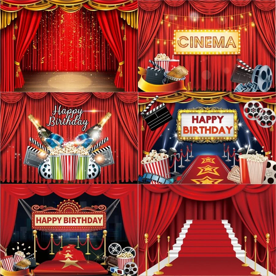 

Photography Backdrop Stage Cinema Film Theme Red Curtain Popcorn Adult Birthday Party Background Poster Photo Studio Photophone